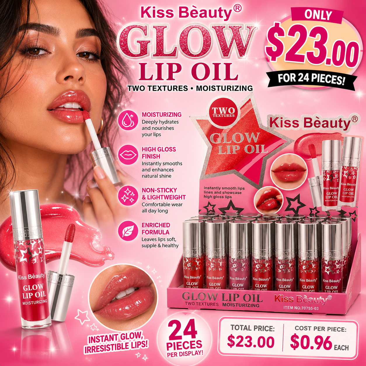 24PCS DISPLAY KISS BEAUTY TWO TEXTURE GLOW LIP OIL 70755