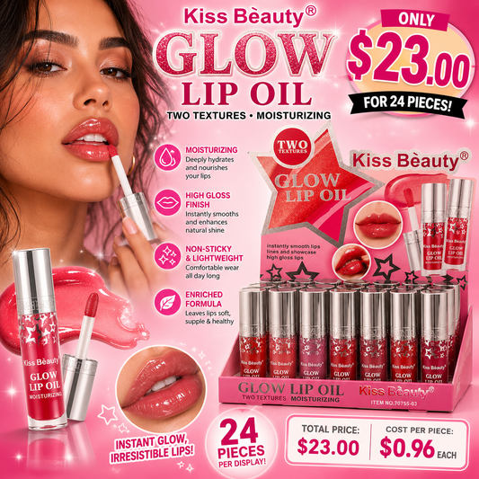24PCS DISPLAY KISS BEAUTY TWO TEXTURE GLOW LIP OIL 70755