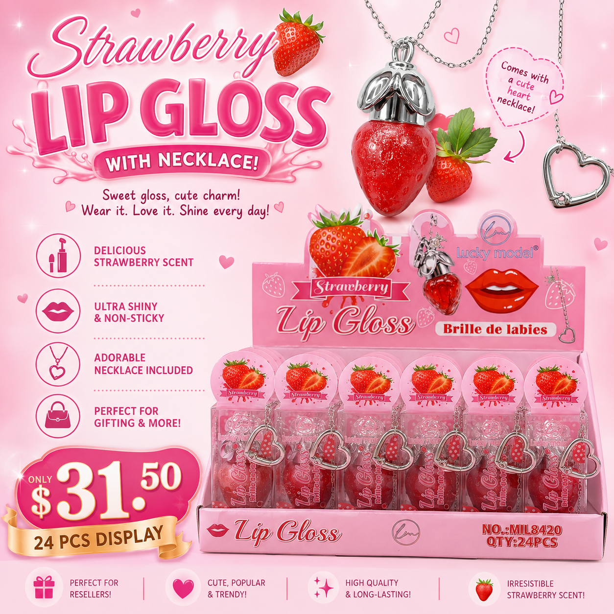 24PCS LUCKY MODEL STRAWBERRY NECKLACE LIPGLOSS ML8420