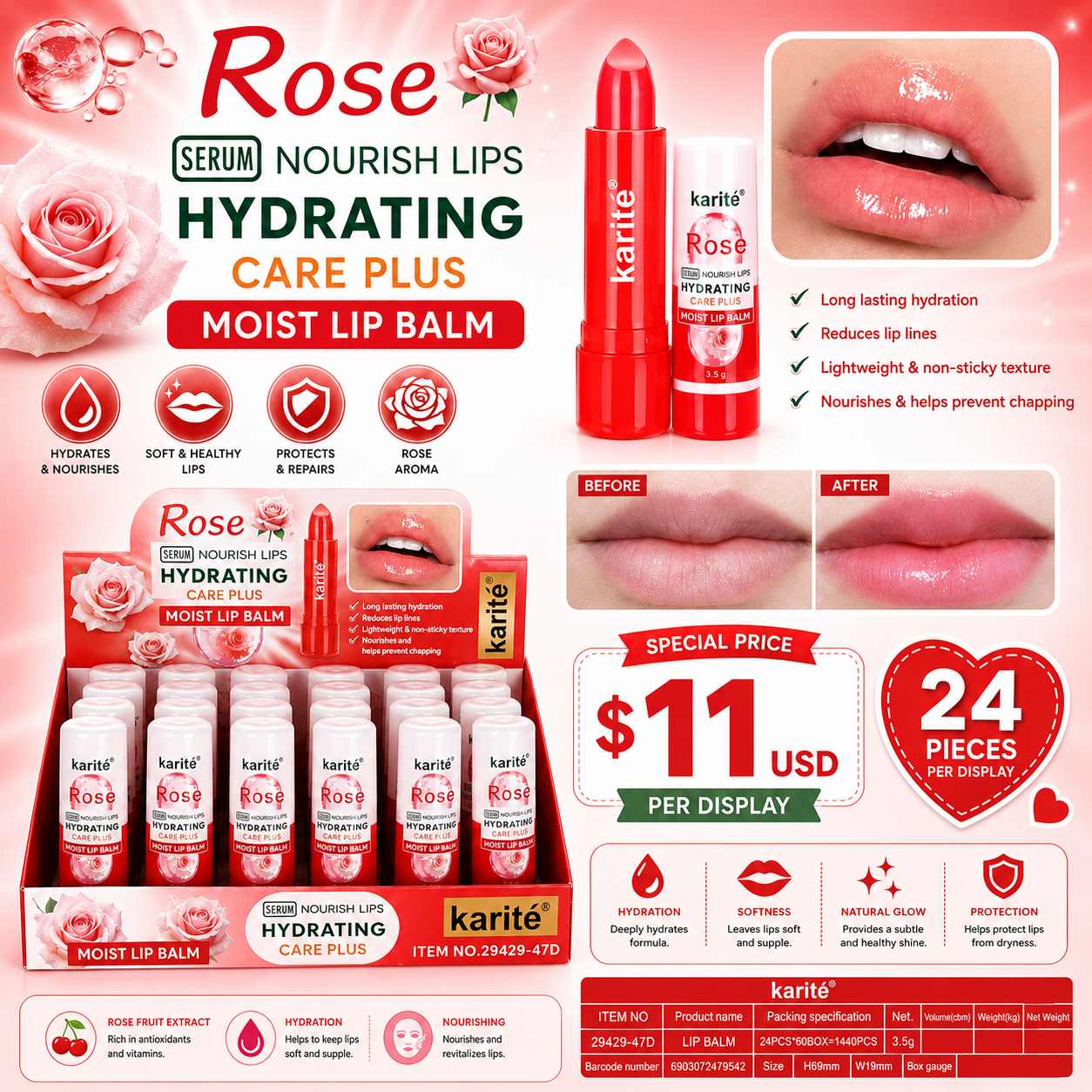 24PCS DISPLAY KARITE HYDRATING PLUS CARE LIP BALM  29429-47D