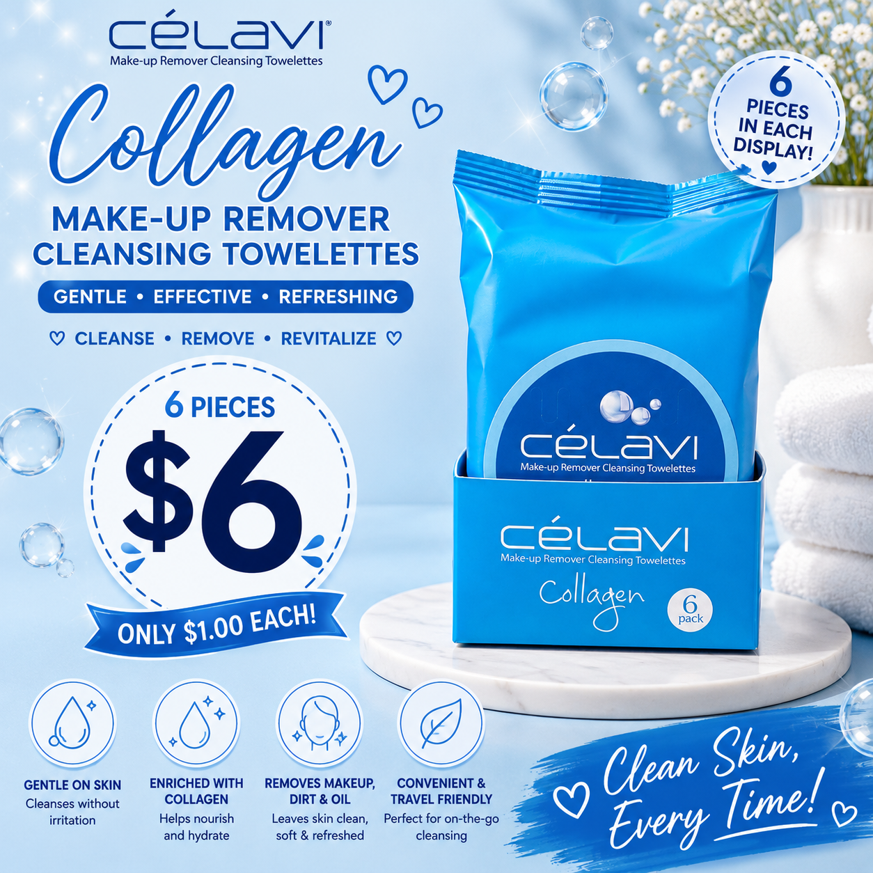 6PCS DISPLAY CELAVI COLLAGEN MAKE-UP REMOVER CLEANSING TOWELETTES MT002