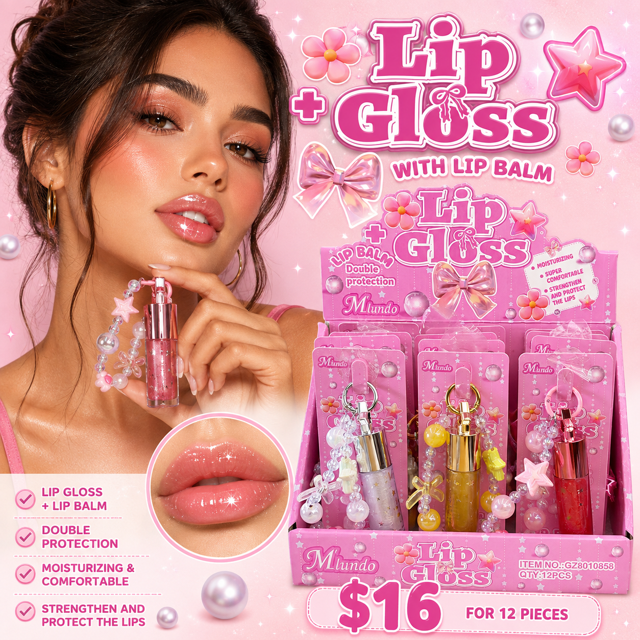12PCS DISPLAY MIUNDO COQUETTE & STAR LIPGLOSS WITH CHARM GZ8010858