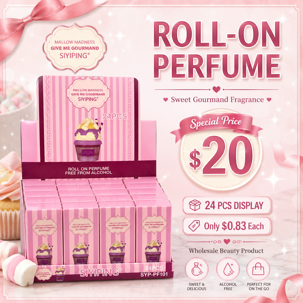 24PCS DISPLAY SIYIPING MALLOW MADNESS ROLL ON PERFUME SYP-PF101