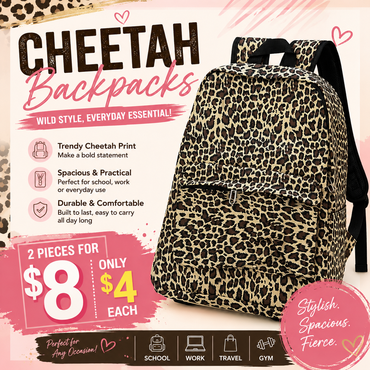2PCS SET BEIGE CHEETAH WILD BACKPACK