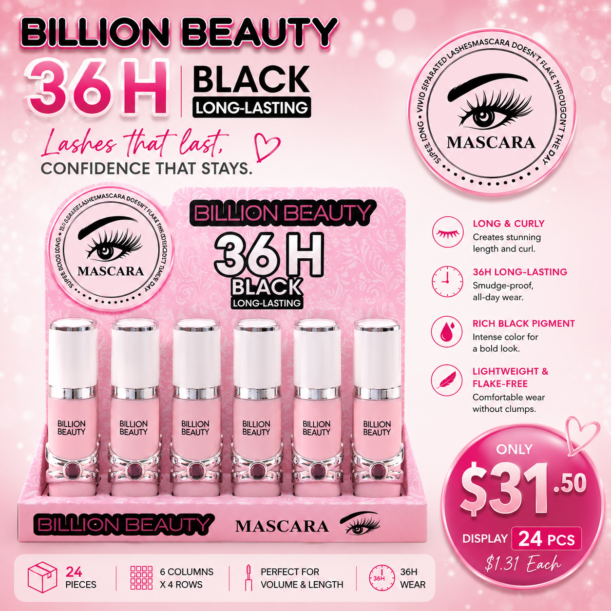 24PCS DISPLAY BILLION BEAUTY PINK LIGHT & CURLY MASCARA B20042
