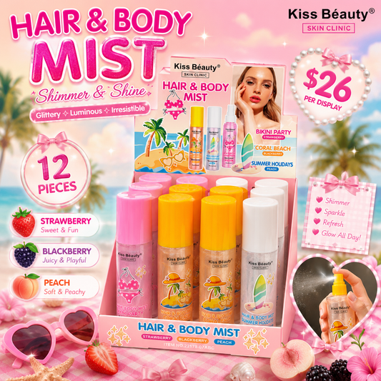 12PCS DISPLAY KISS BEAUTY SHIMMER HAIR AND BODY MIST 22178-07ABC