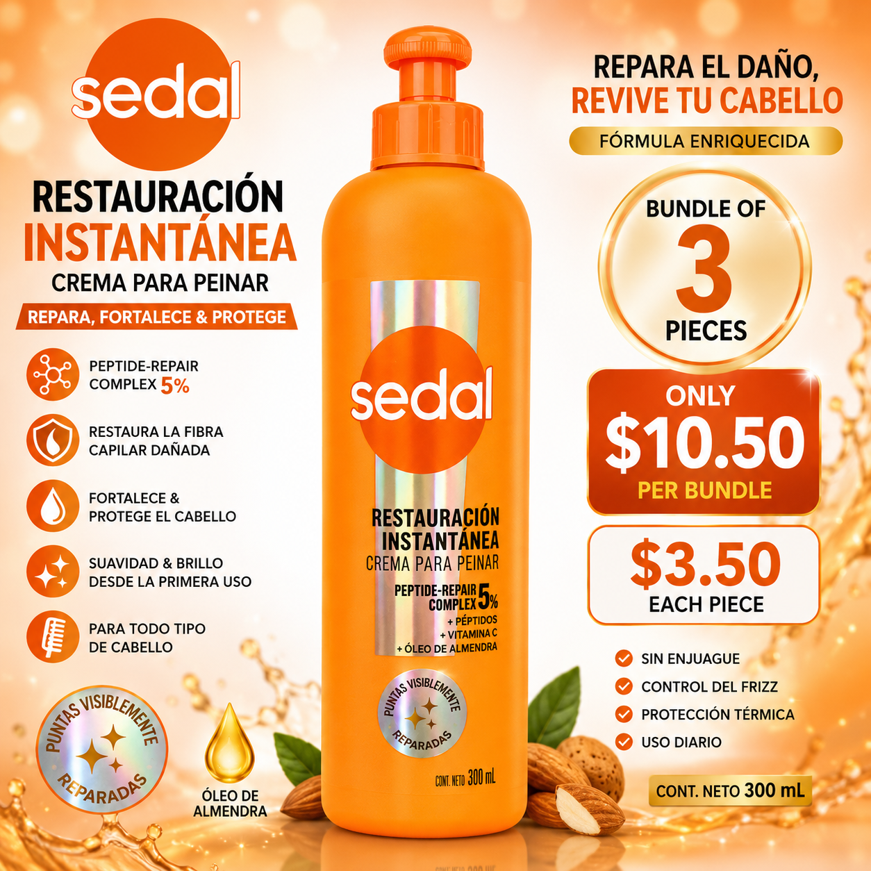 3PCS SEDAL RESTAURACIÓN INSTANTÁNEA CREMA PARA PEINAR 0025