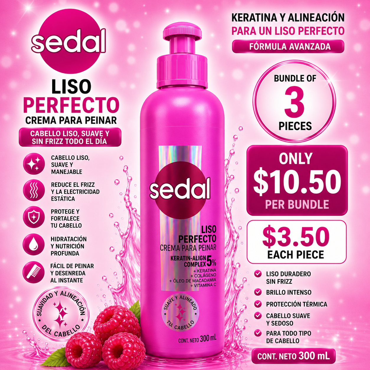 3PCS SEDAL LISO PERFECTO CREMA PARA PEINAR 0117
