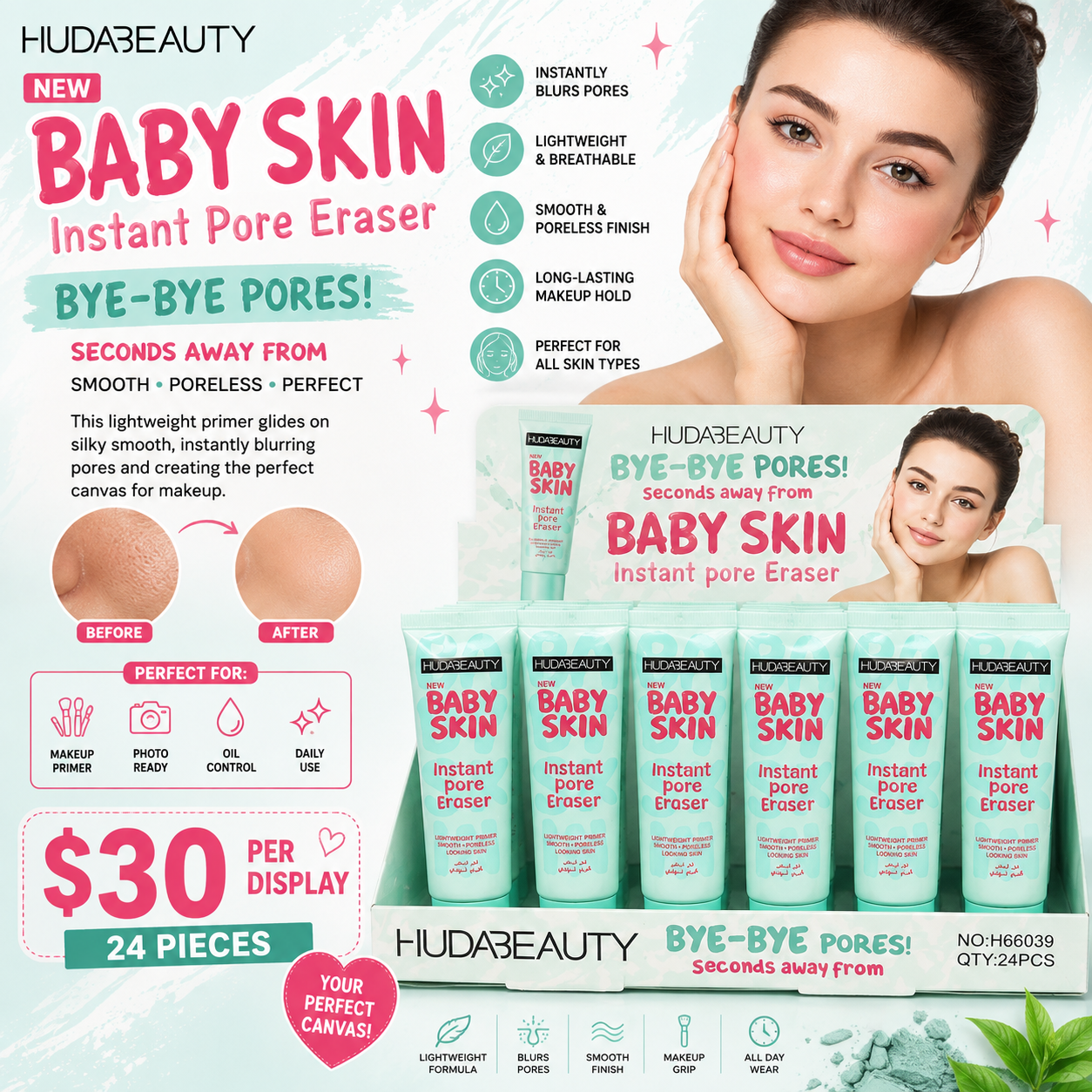 24PCS DISPLAY HUDABEAUTY INSTANT PORE ERASER BABY SKIN SH66039