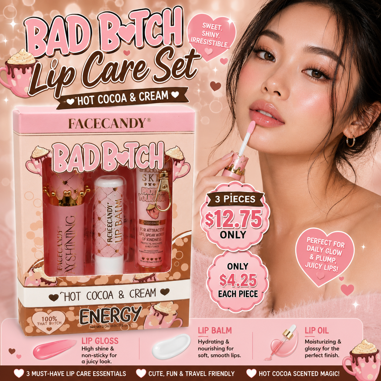 3PCS SET INSPO FACECANDY LIP CARE SET BAD B💗TCH  HOT COCOA & CREAM  B-001