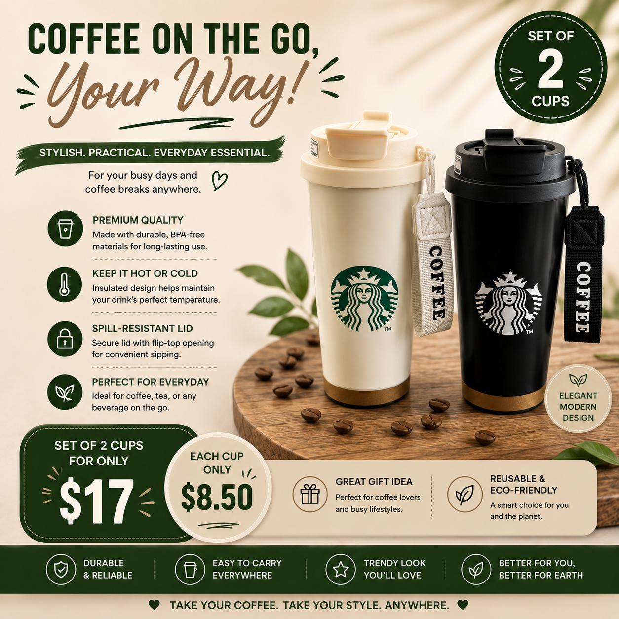 2PCS SET STARBIES CUPS HOT & COLD CUP 0039
