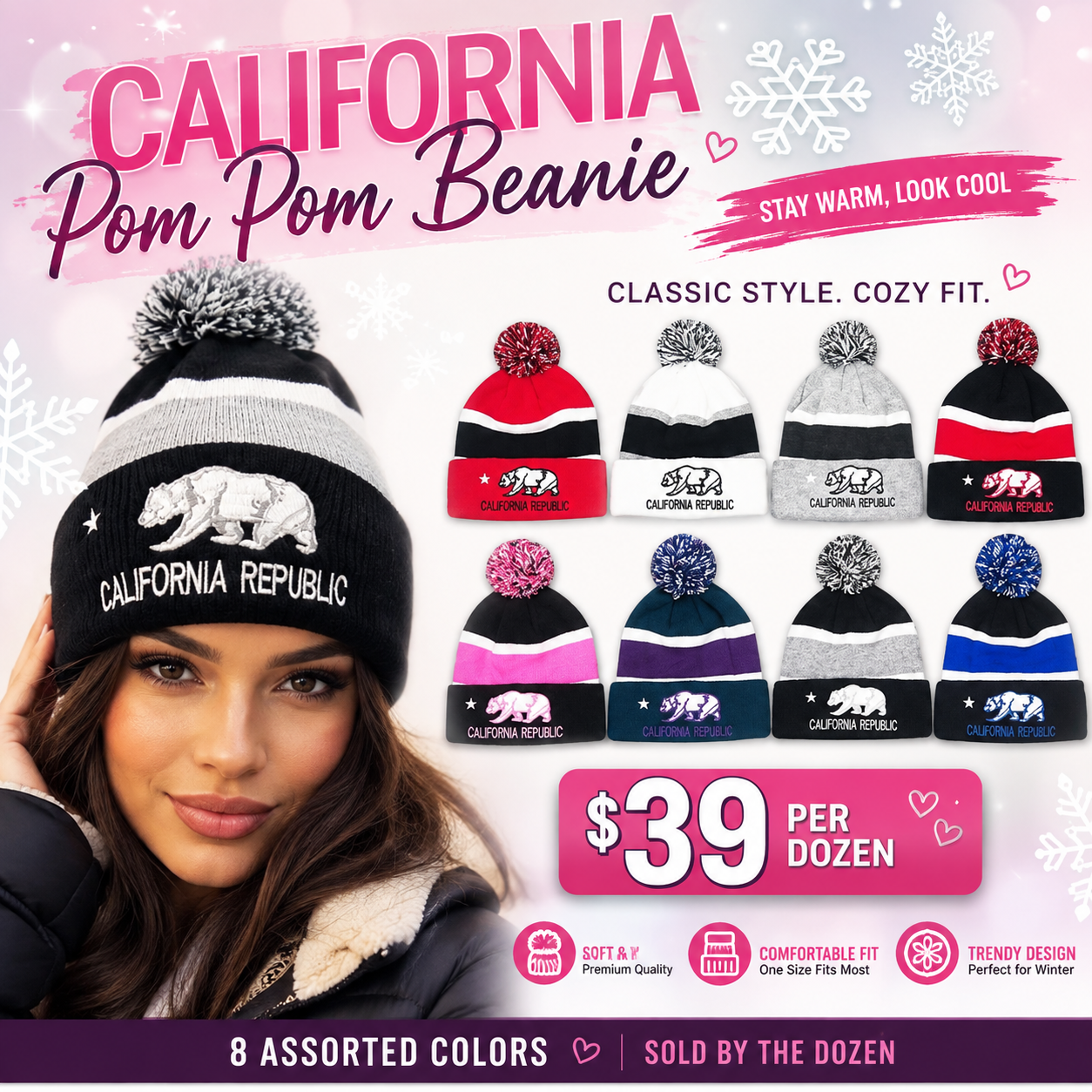12PCS PACK CALI BEAR BEANIE WITH POM POM JHT350A