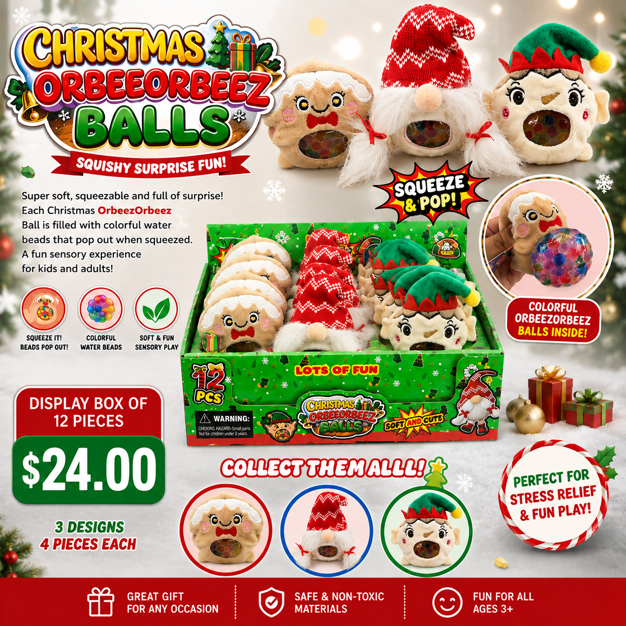 12PCS DISPLAY CHRISTMAS BALLS SQUISHY BTX-101