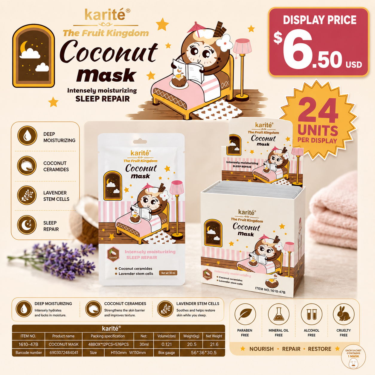 24PCS DISPLAY KARITE COCONUT SLEEP REPAIR FACE MASK 1610-47B