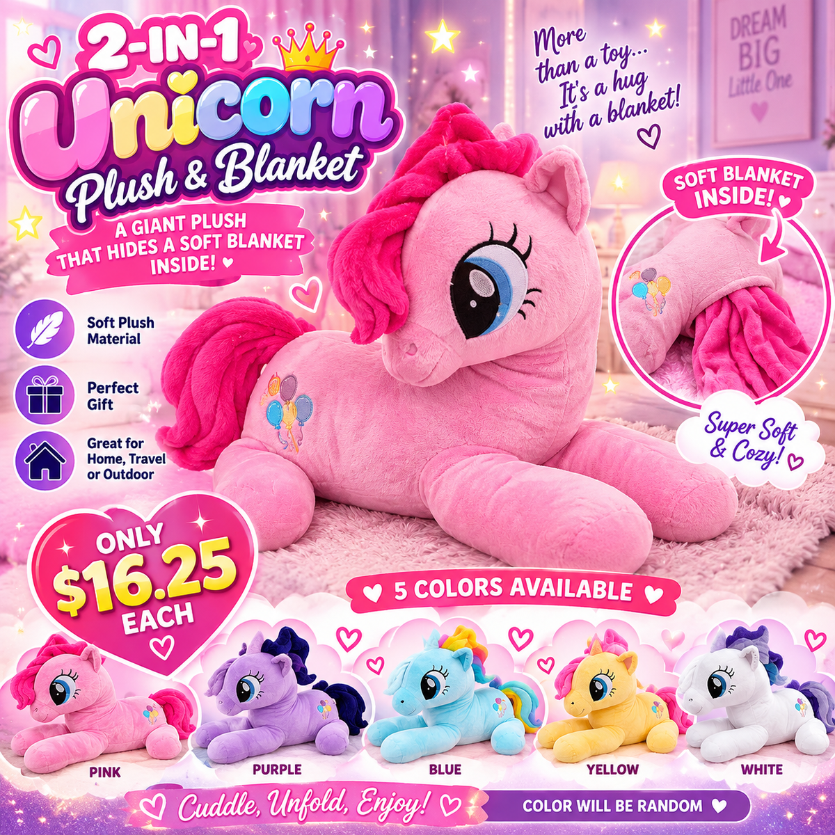 1PCS MAGICAL COLORFUL UNICORN PLUSH  + BLANKET P4