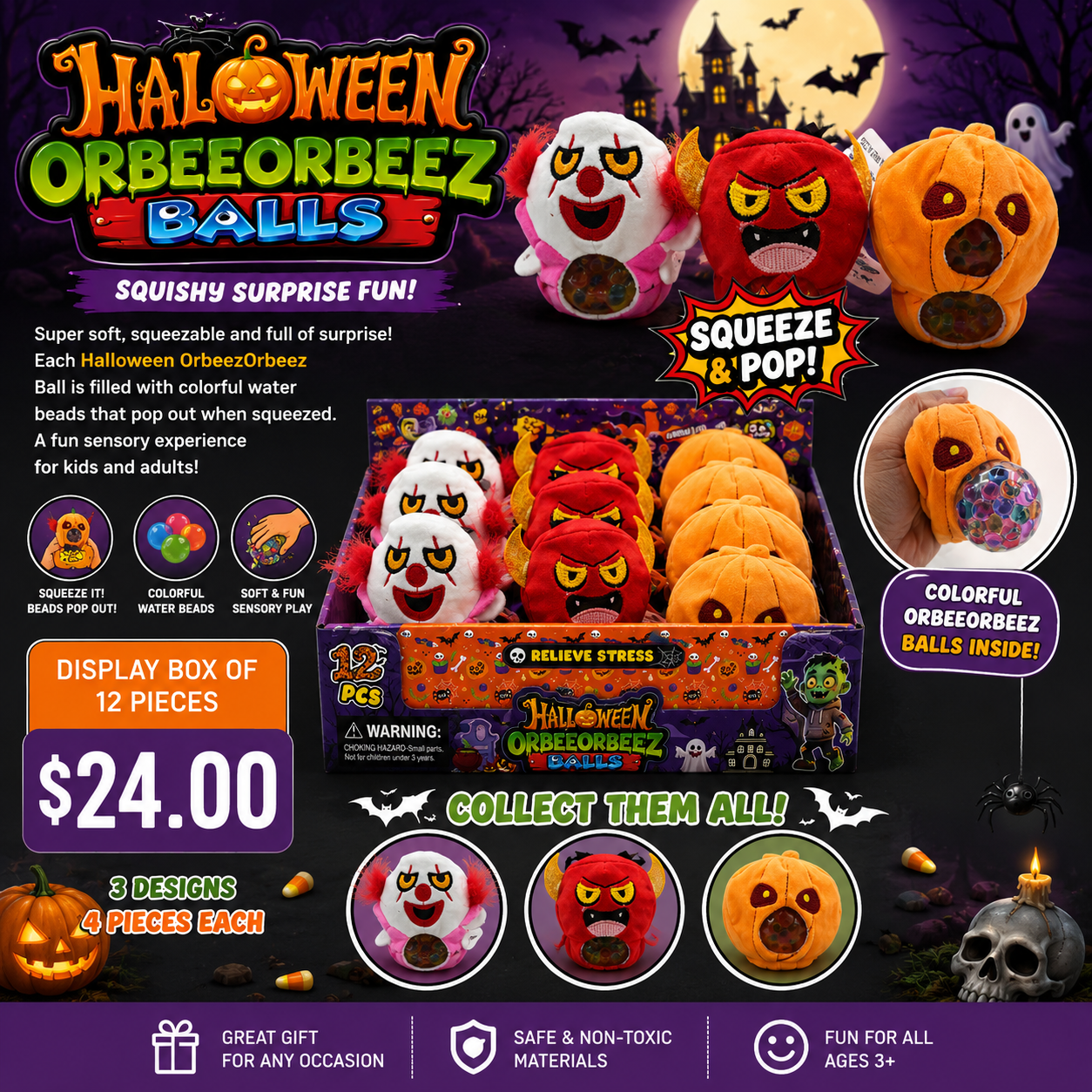 12PCS DISPLAY HALLOWEEN BALLS SQUISHY BTZ-104