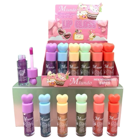 M’IUNDO MULTICOLORED HEARTS LIP GLOSS 24 PCS DISPLAY