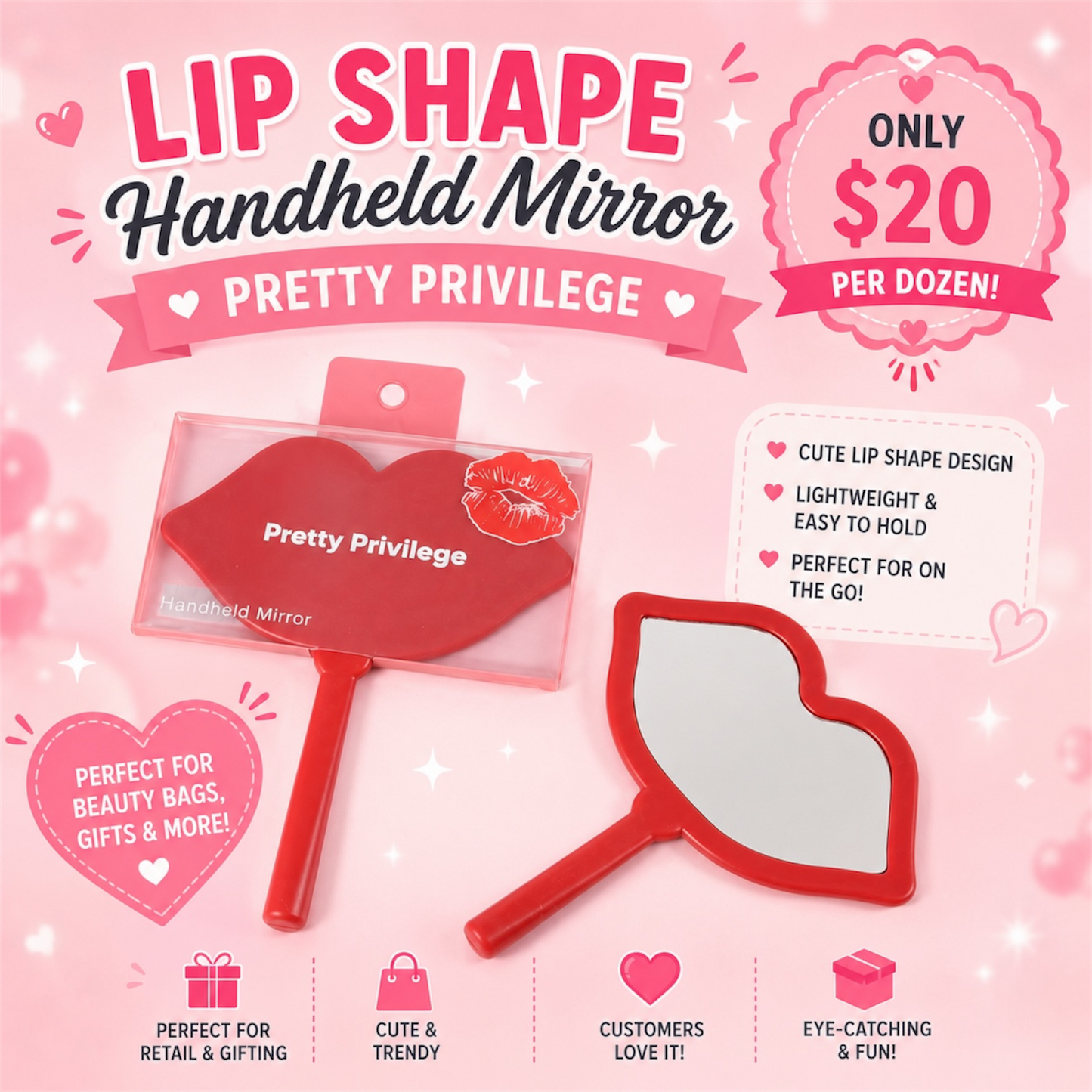 12PCS PACK PRETTY PRIVILEGE RED LIPS HANDHELD MIRROR PLM