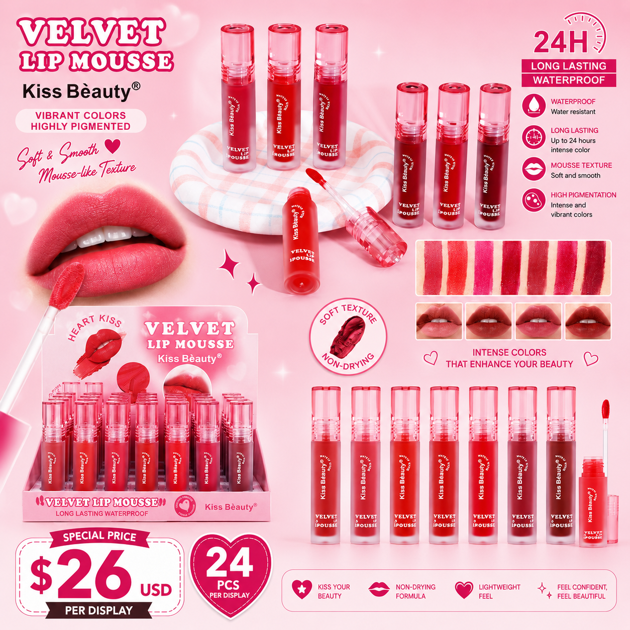 24PCS DISPLAY SET KISS BEAUTY CUTE VELVET LIP MOUSE 70884-03