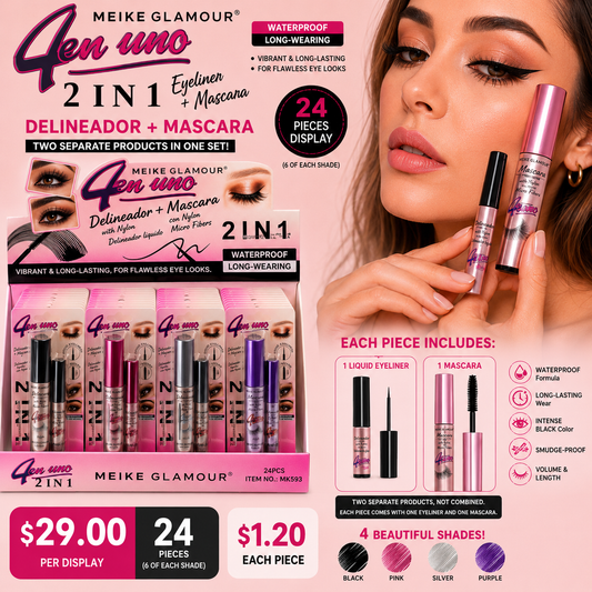 24PCS DISPLAY MEIKE GLAMOUR 2 IN 1 WATERPROOF EYELINER & MASCARA MK593