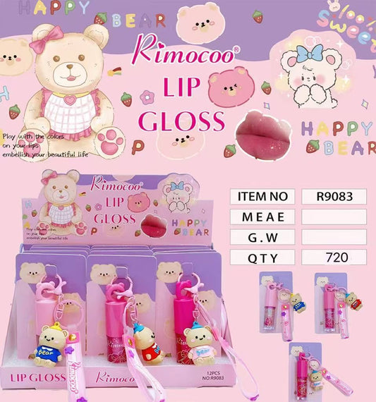 12PCS DISPLAY RIMOCOO HAPPY BEAR LIP GLOSS WITH KEYCHAIN R9083