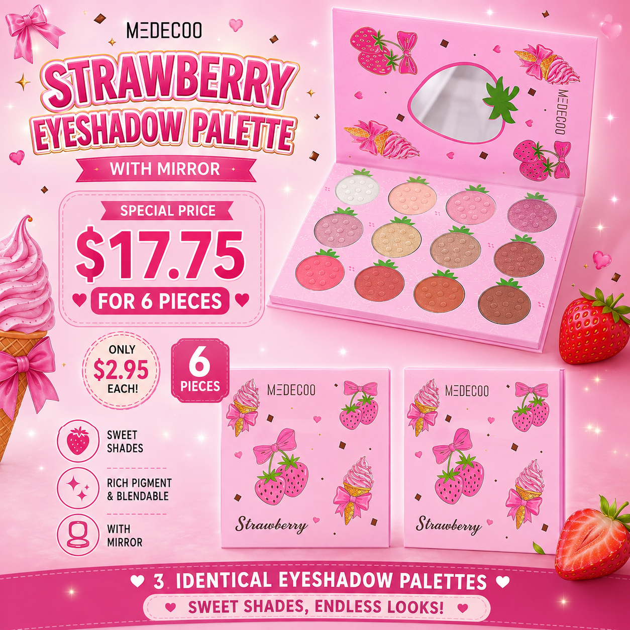 6 PCS DISPLAY MEDECOO STRAWBERRY EYESHADOW PALETTE YY-261202