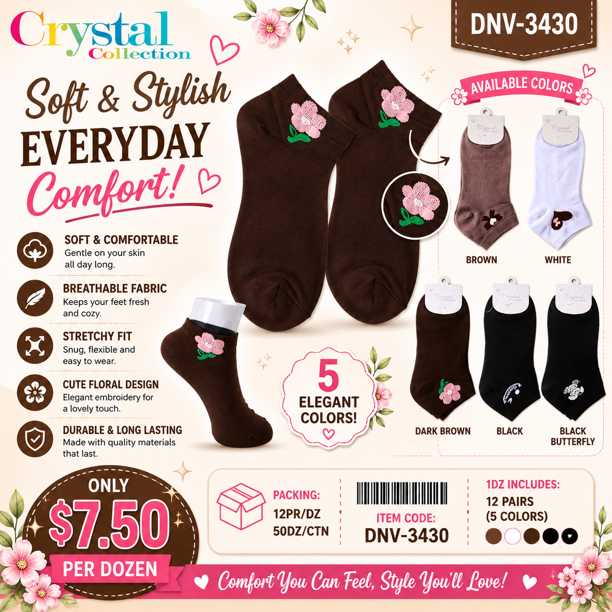 12PCS PACK HAPPY BLOOM ANKLE SOCKS DNV-3430