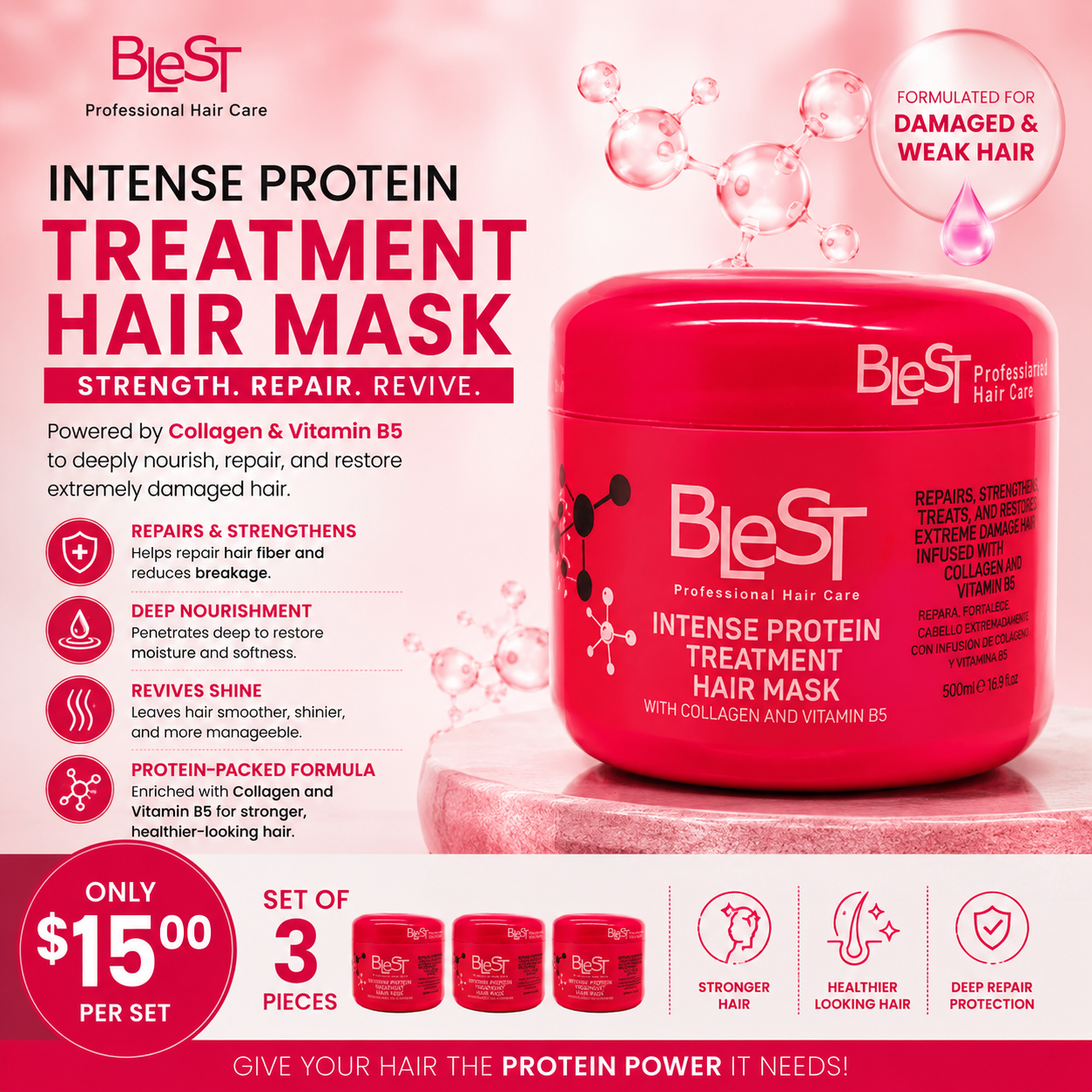 3PCS BLEST INTENSE PROTEIN TREATMENT HAIR MASK BH716