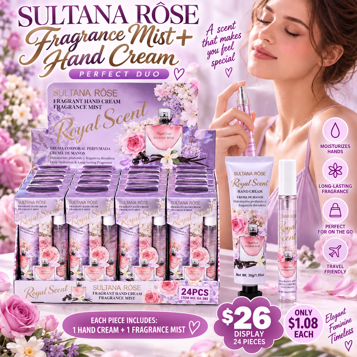 12PCS DISPLAY SULTANA ROSE LILAC FLORAL FRAGRANCE & HAND CREAM DUO SET SA-385