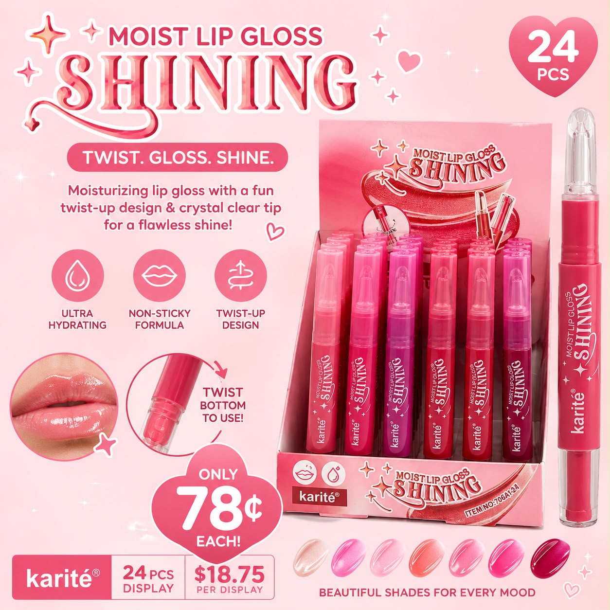 24PCS DISPLAY KARITE HIGH PIGMENT LIP GLOSS SHINING  70647