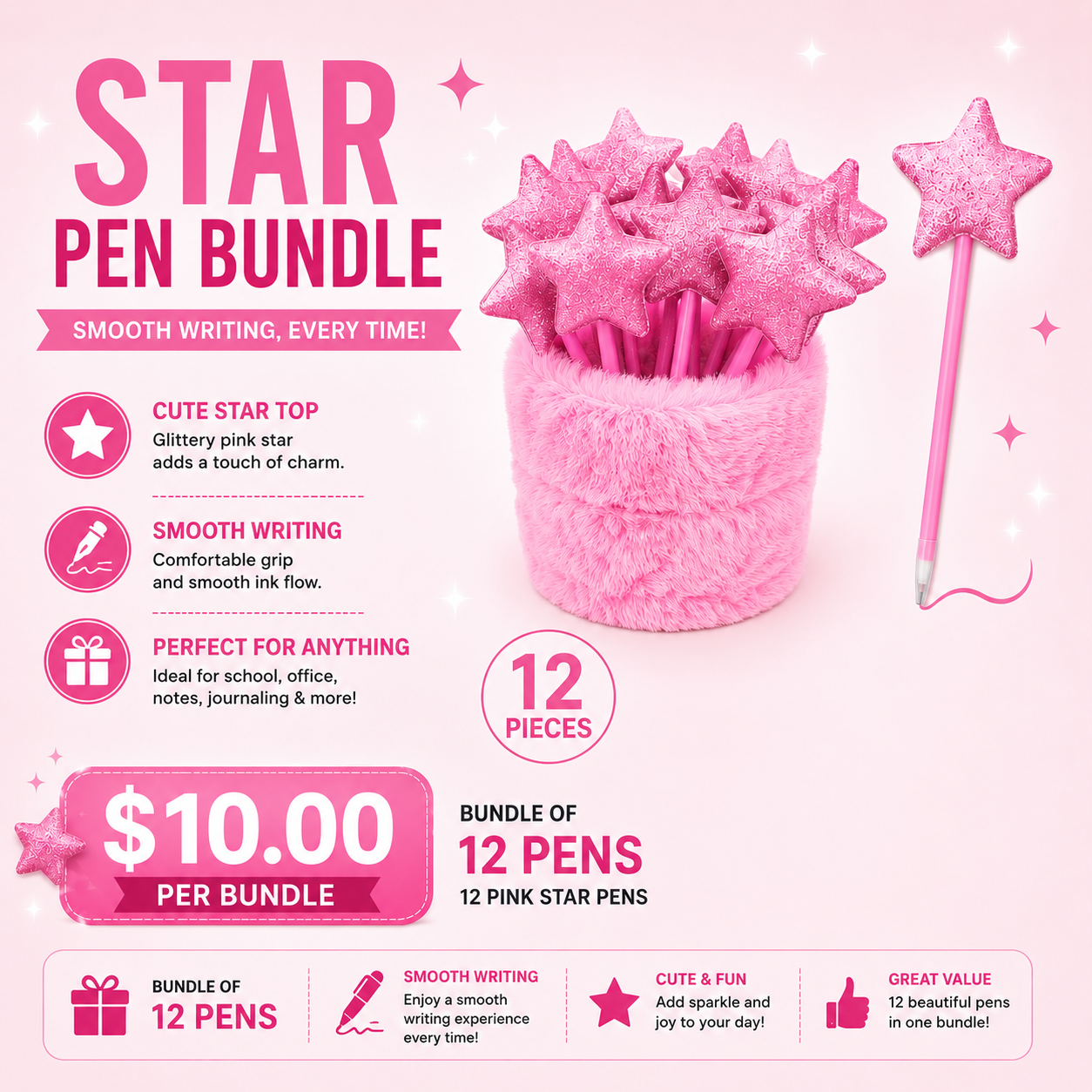 12PCS PACK PINK STARS PENS JH-1