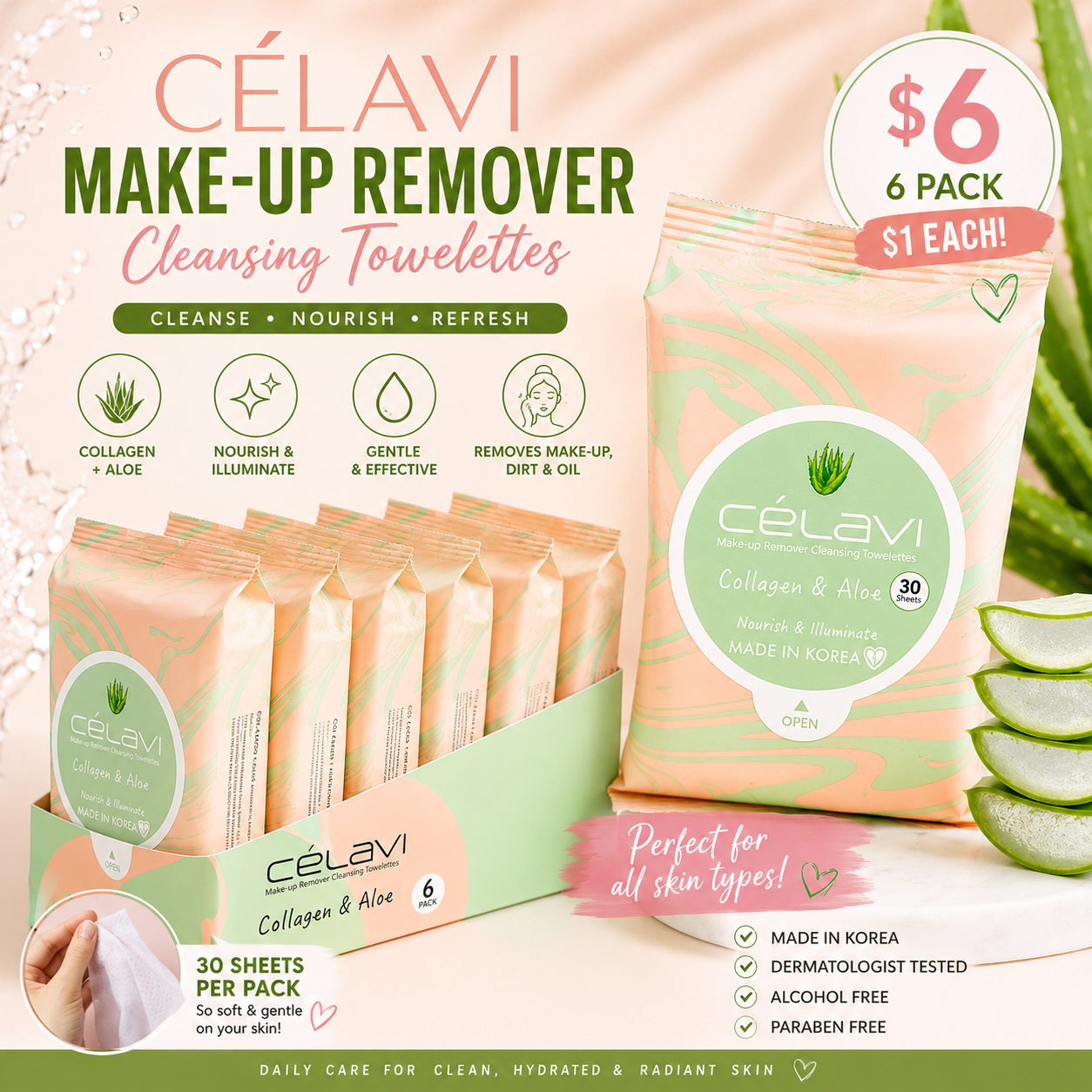 6PCS DISPLAY CELAVI COLLAGEN & ALOE MAKE-UP REMOVER CLEANSING TOWELETTES MT023