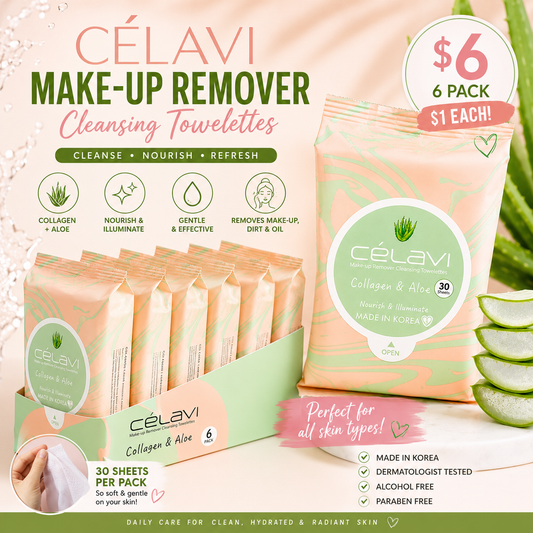 6PCS DISPLAY CELAVI COLLAGEN & ALOE MAKE-UP REMOVER CLEANSING TOWELETTES MT023