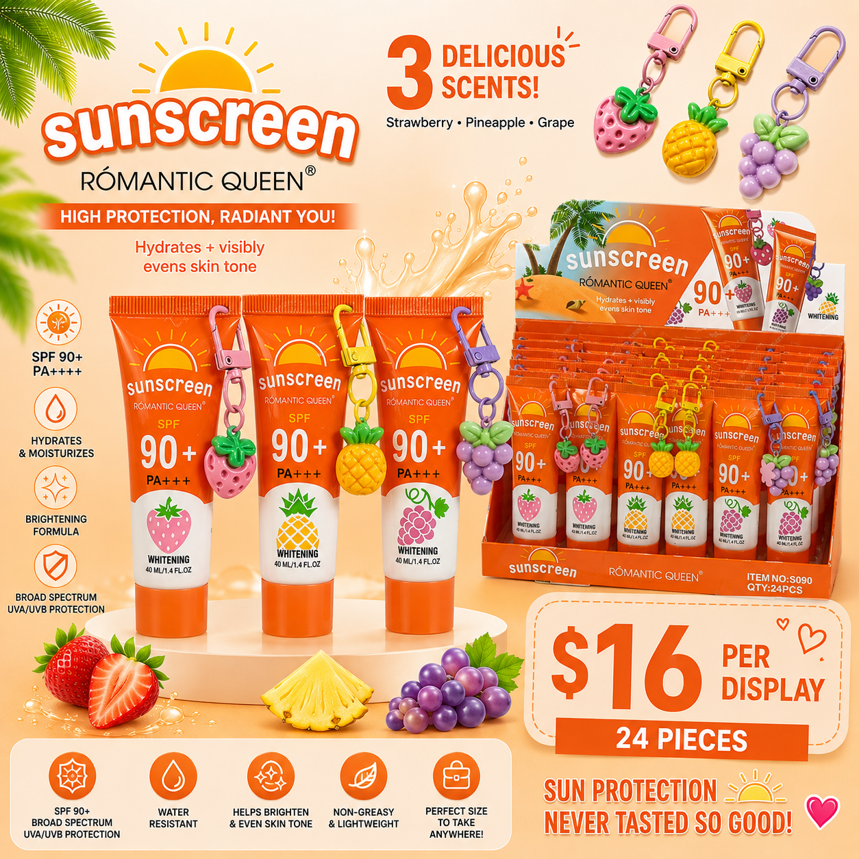 12PCS DISPLAY ROMANTIC QUEEN WHITENING FRUITS SPF90+