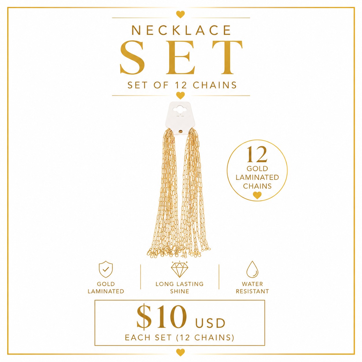 12PCS ORO LAMINADO PAPER CLIP NECKLACE 18”