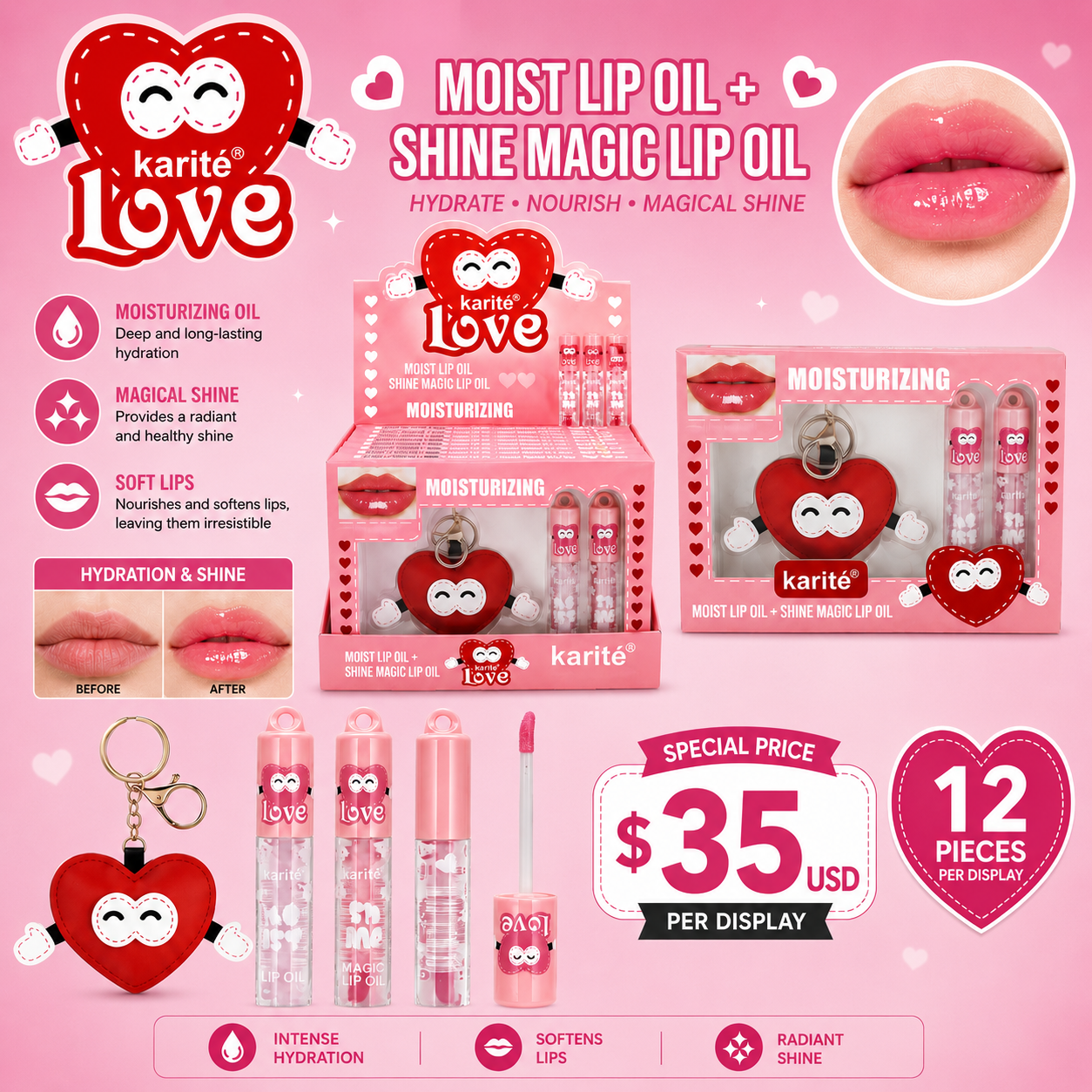 12PCS DISPLAY KARITE MOIST AND SHINE LIP OIL 71580-47AB