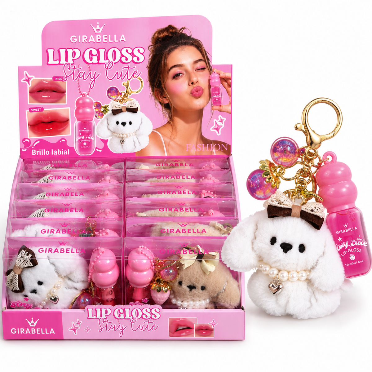 Girabella Stay Cute Lip Gloss + Dog Plush Keychain
