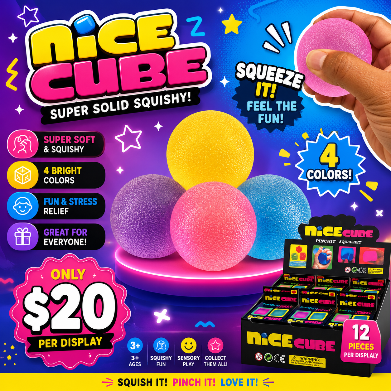 12PCS DISPLAY MULTI COLORED CIRCLE SQUEEZE IT SQUISHY STC-3455