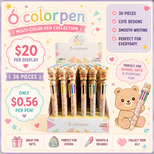 36PCS DISPLAY BROWN TEDDY BEAR MULTICOLOR PEN EQ8916