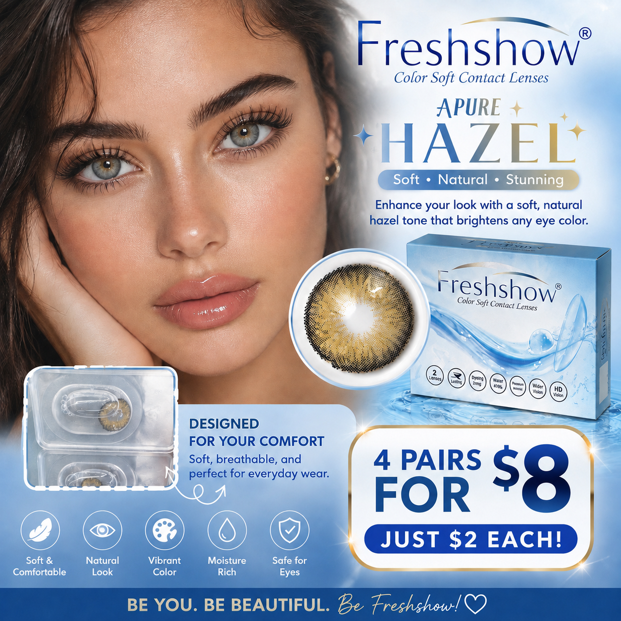 4PAIRS  SET FRESHSHOW EYE CONTACT LENSES PURE HAZEL 601