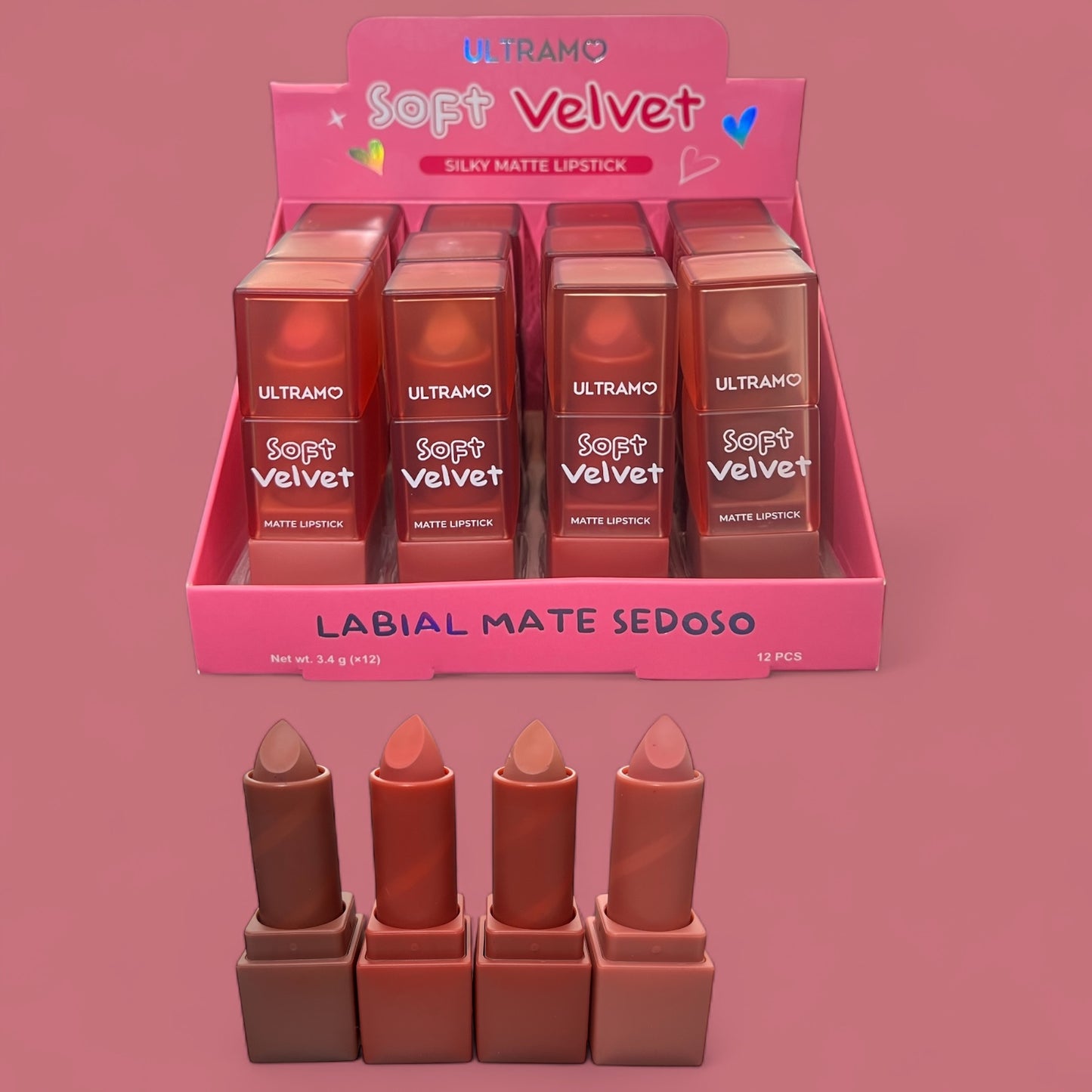 12PCS DISPLAY ULTRAMO SOFT VELVET SILKY MATTE LIPSTICK FE019