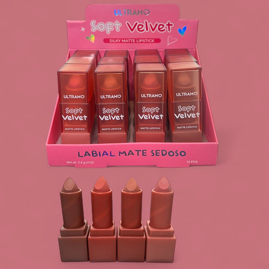 12PCS DISPLAY ULTRAMO SOFT VELVET SILKY MATTE LIPSTICK FE019