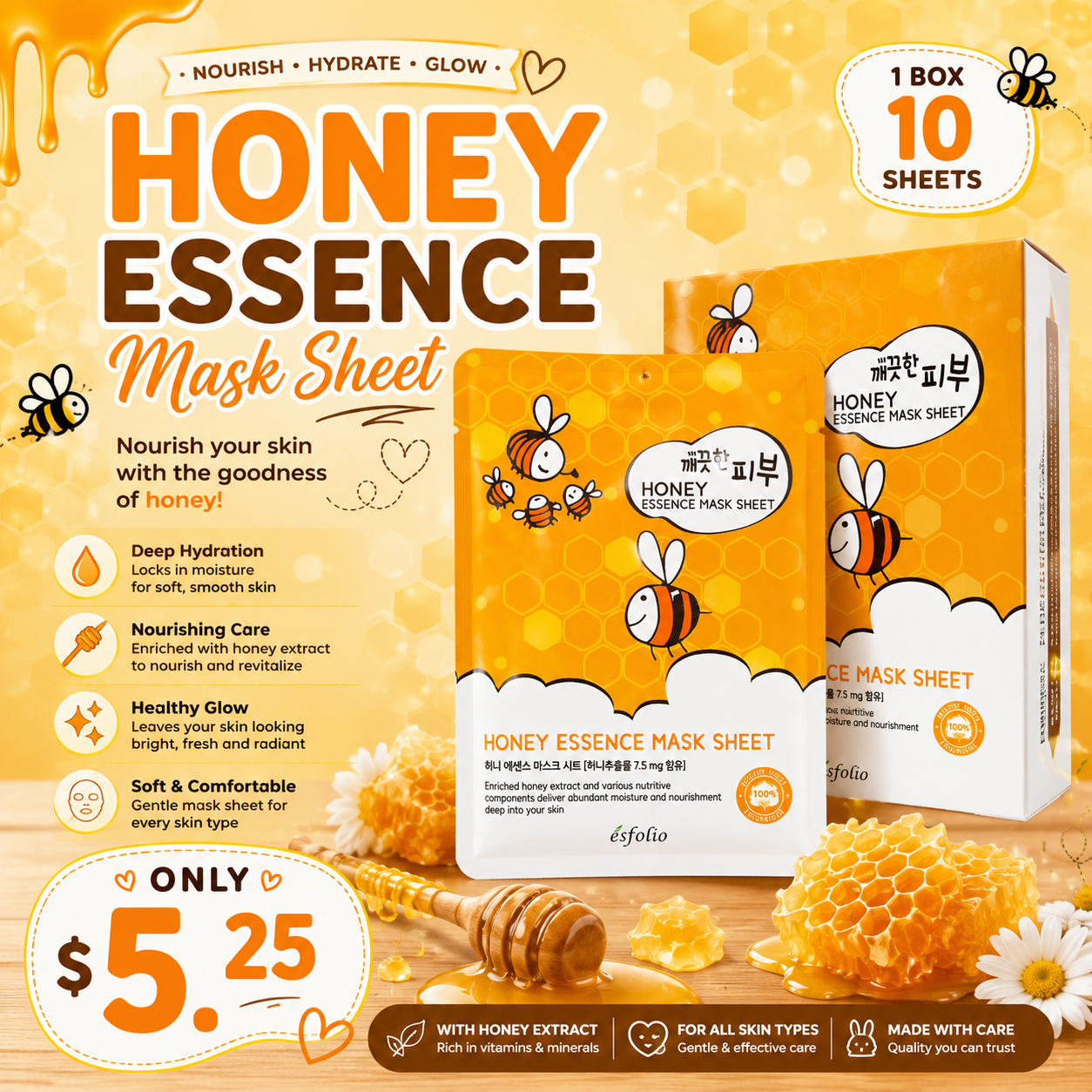 10PCS BOX ESFOLIO HONEY ESSENCE MASK SHEET
