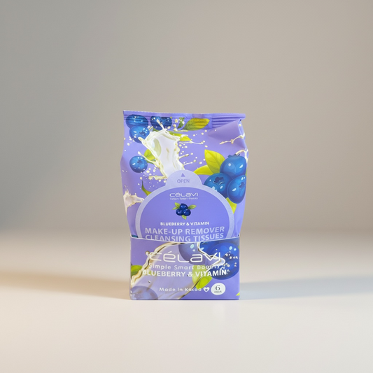 6PCS DISPLAY CELAVI BLUEBERRY & VITAMIN MAKE UP REMOVER CLEANSING TISSUES MT030