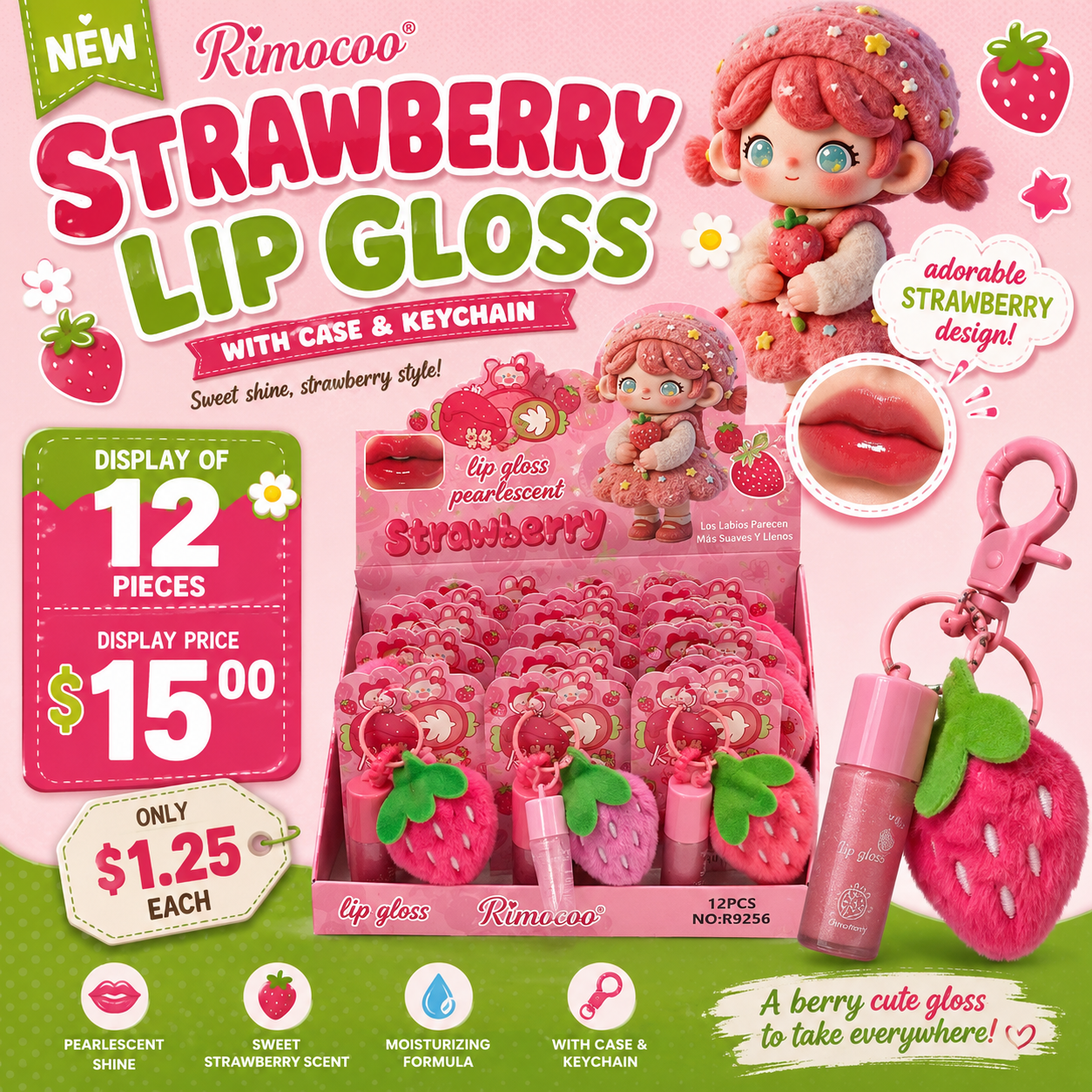 12PCS DISPLAY RIMOCCO LIP GLOSS PEARLESCENT STRAWBERRY WITH KEYCHAIN R9256