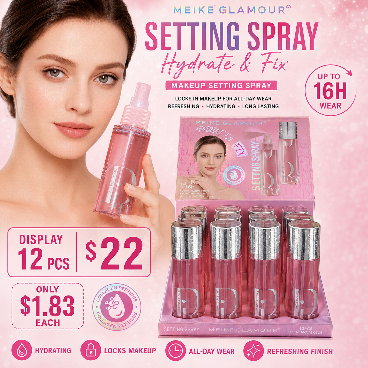 12PCS DISPLAY MIEKE GLAMOUR SETTING SPRAY INSPO DH MK606