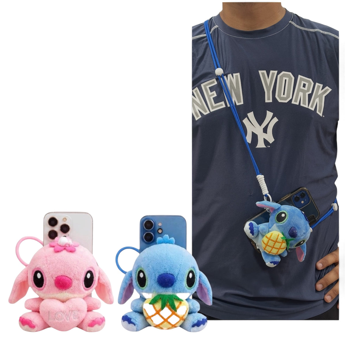 Blue Guy & Pink Girl Plush Phone Holder With Lanyard