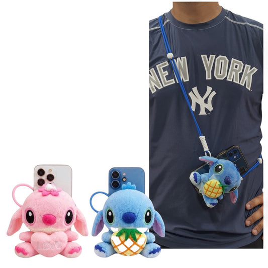 Soporte para teléfono de peluche de chico azul y chica rosa con cordón