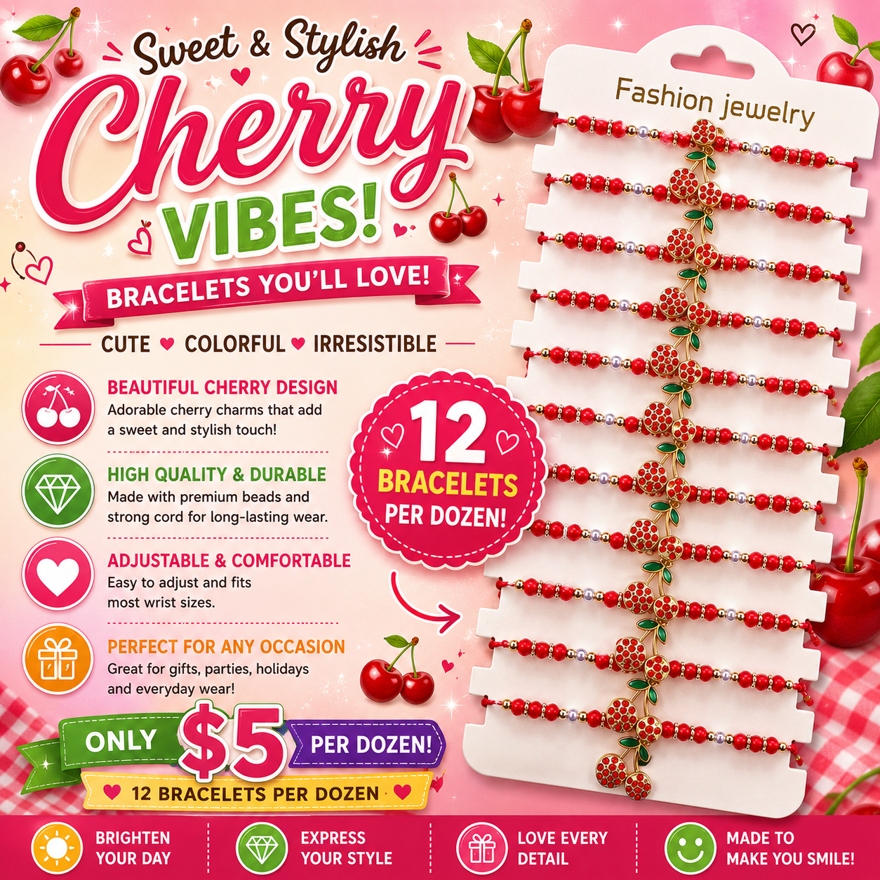 12PCS PACK STUDDED CHERRY  STRING  BRACELET 7388