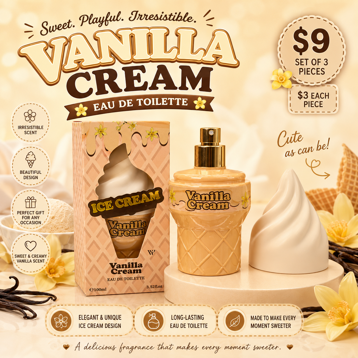 3PCS SET SCENTED ICE CREAM SHAPE PERFUME VANILLA CREAM  IC104